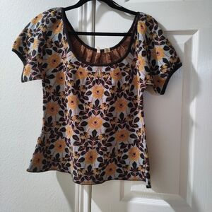 Moth Women's Size Large Short Sleeve Peplum Sweater Brown Blue Orange Stretch